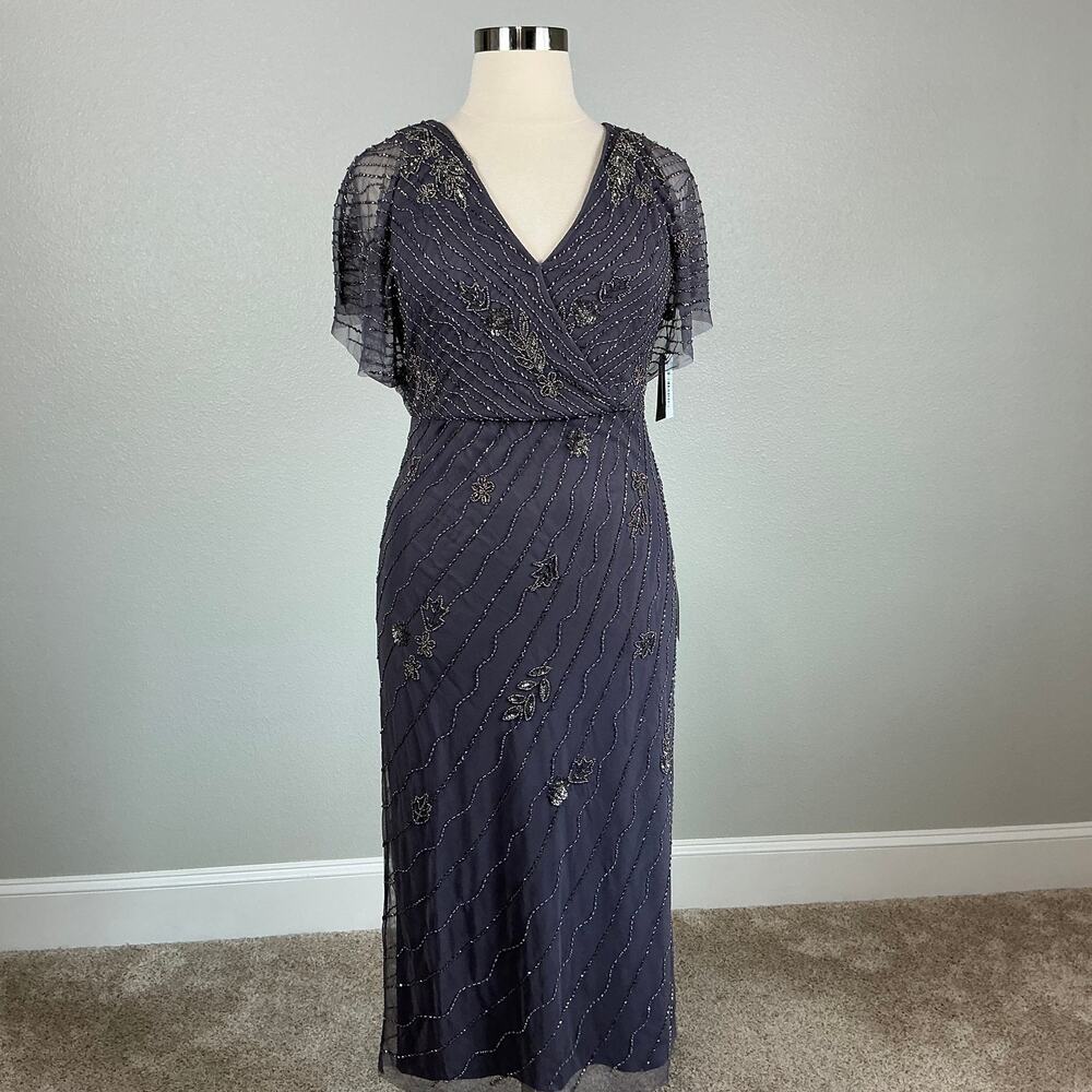 Adrianna Papell Beaded Short Flutter Sleeve Midi Sheath Gown Gray Size 14 Dress - Picture 2 of 13